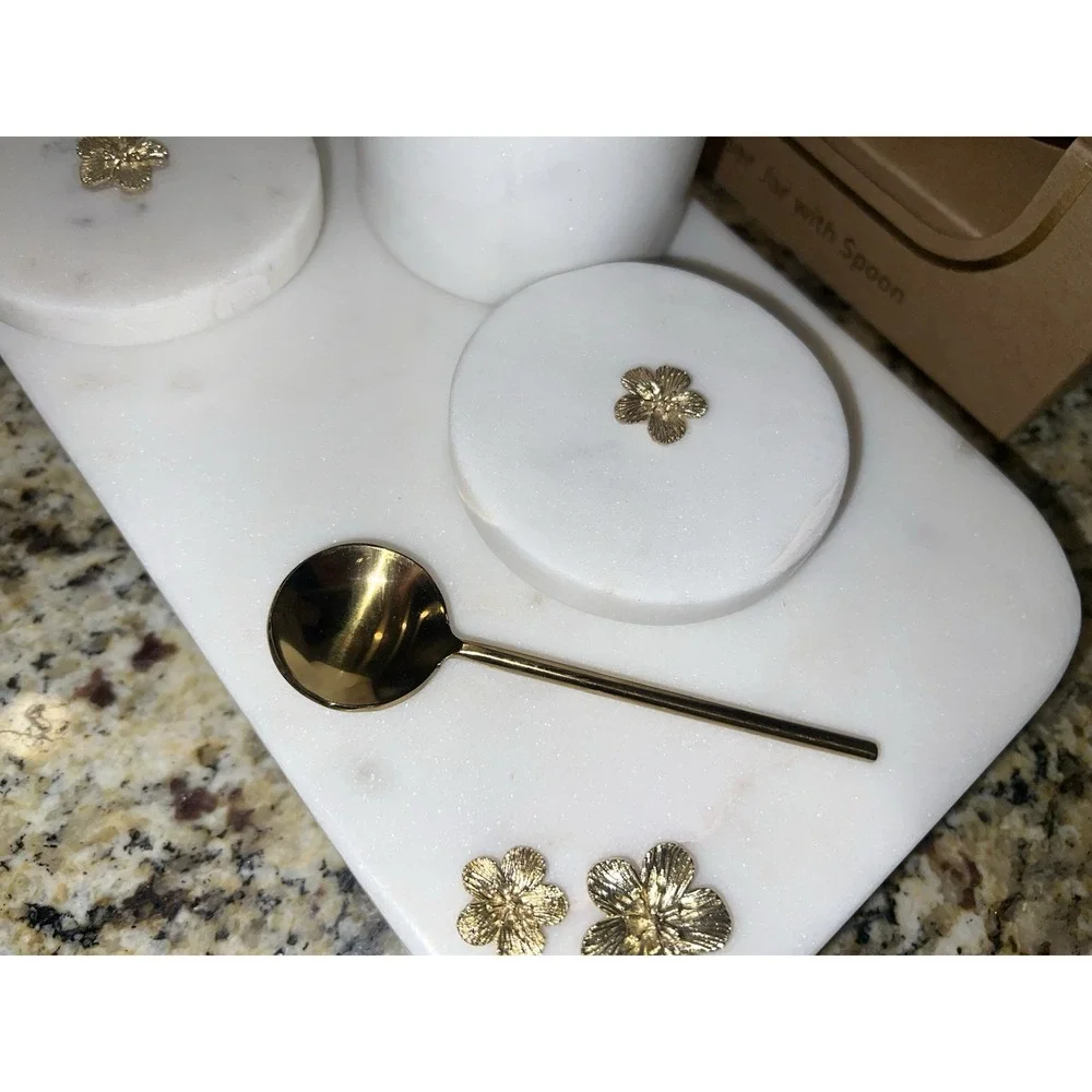 White Marble Salt And Pepper Cellar Set With Marble Base And Gold Spoon And Acce
